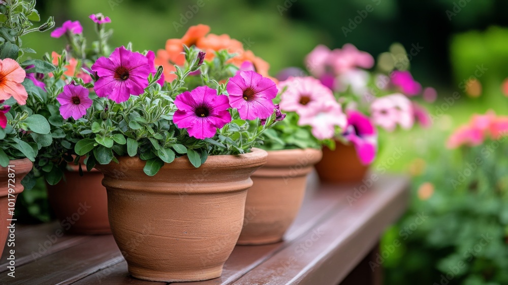 Colorful petunias blooming in terracotta pots on a sunny garden table in springtime Colorful petunias blooming in terracotta pots on a sunny garden table in springtime