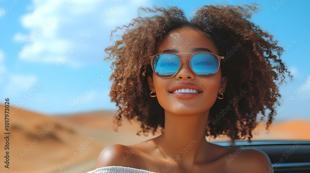 A smiling woman with curly hair and sunglasses in a desert setting. A smiling woman with curly hair and sunglasses in a desert setting.