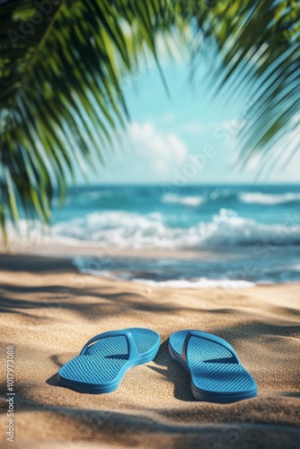 Relaxing beach view with blue flip-flops in the sand under palm trees on a su...