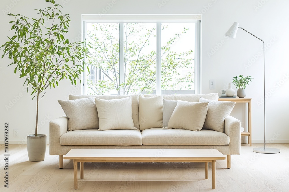 Minimalist, a modern japandi interior photo of a living room with windows and a view of the sofa and table. Generative AI
Minimalist, a modern japandi interior photo of a living room with windows and a view of the sofa and table. Generative AI