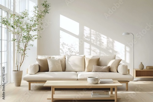 Minimalist, a modern japandi interior photo of a living room with windows and a view of the sofa and table. Generative AI
