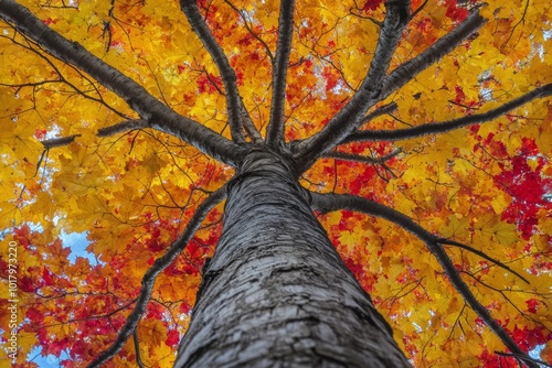 Vibrant autumn foliage viewed from the base of a tree on a clear sunny day in...