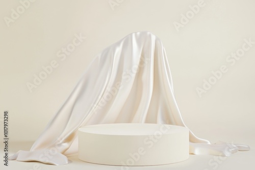 Elegant Podium Draped in White Silk Cloth - Ideal for Product Display or Minimalist Design