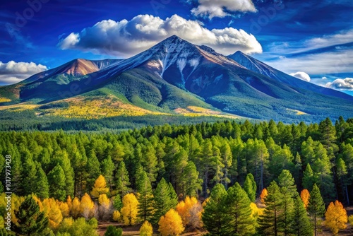 Majestic Humphreys Peak in Arizona Surrounded by Lush Forests and Clear Blue Skies During Daytime photo