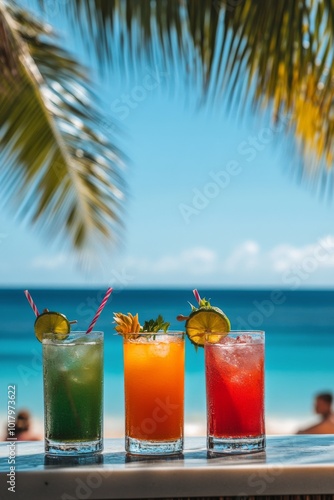 Refreshing tropical cocktails served by the beach under a clear sky on a sunn...