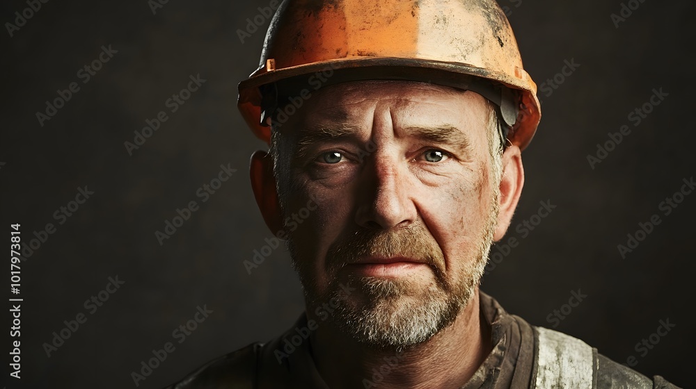 A close-up portrait of a construction worker, his weathered face reflecting years of hard labor.