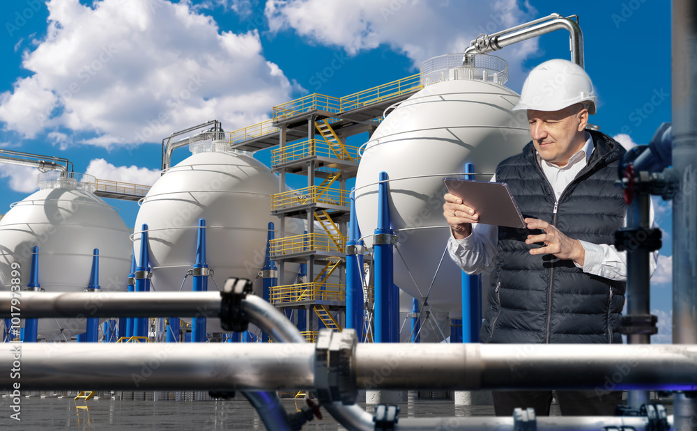 Man technologist at chemical factory. Cryogenic liquids plant. Man engineer with e-tablet near manufactory. Factory technologist near high pressure tanks. Manufactory with cryogenic liquids Man technologist at chemical factory. Cryogenic liquids plant. Man engineer with e-tablet near manufactory. Factory technologist near high pressure tanks. Manufactory with cryogenic liquids