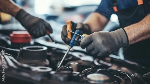 Two individuals working on a vehicle engine using tools for maintenance.