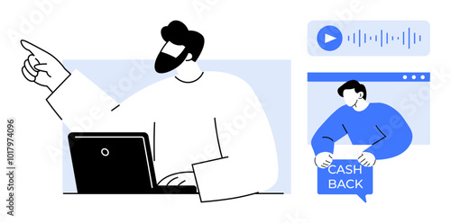 Man working on laptop pointing with hand, another man holding cash back sign, and a play button with sound waves. Ideal for business, technology, e-commerce, financial services, digital marketing