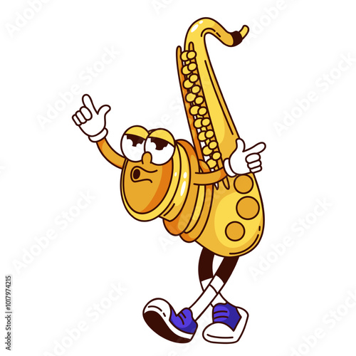 Groovy saxophone cartoon character whistling melody. Funny retro gold wind instrument walking with funky face. Jazz party, music mascot, cartoon saxophone sticker of 70s 80s style vector illustration