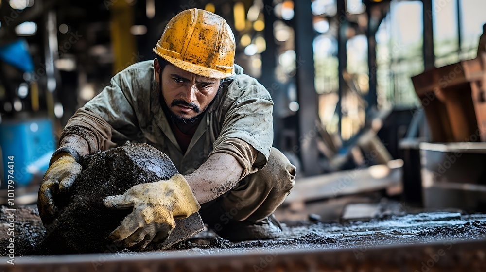 A man in a yellow hard hat works in a factory setting. A man in a yellow hard hat works in a factory setting.