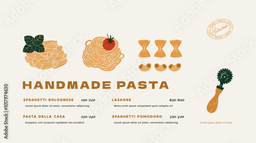 Italian pasta horizontal design template. Restaurant menu. Vector illustration