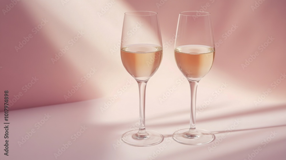 Fototapeta premium Elegant display of two glasses of sparkling wine on a softly lit pink background