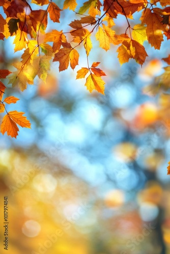 Golden autumn leaves drifting gently in a sunlit park during a tranquil after...