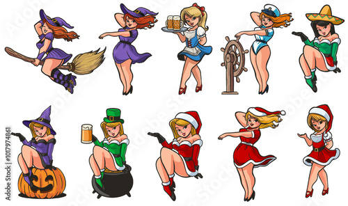 set of cartoon girls pin up mascot