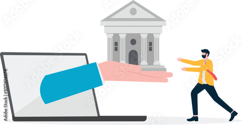 Internet loan, online e-banking, businessman sitting at computer desk receiving bank given inside computer screen.

