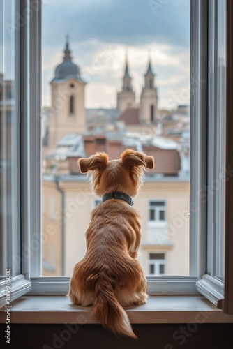 A dog gazes out the window at a cityscape with historic buildings on a cloudy...