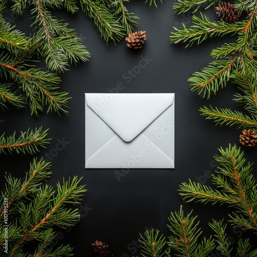 A simple white envelope surrounded by pine branches and cones for festive hol...