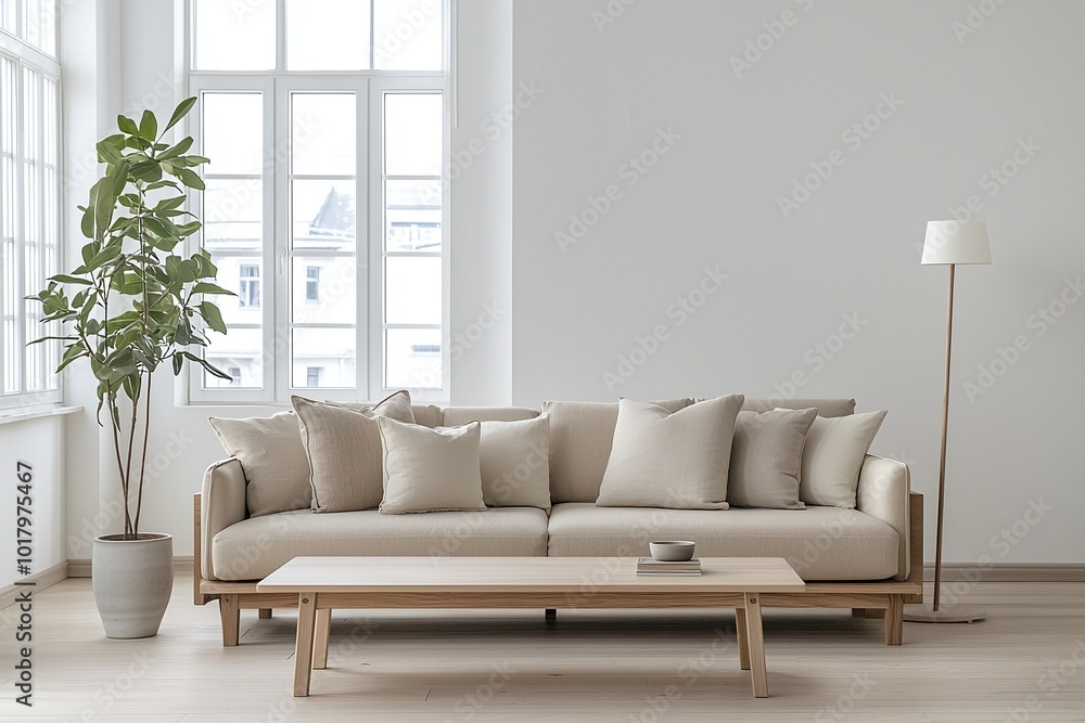Minimalist, a modern japandi interior photo of an apartment living room with large windows and a sofa and a wooden table. Generative AI
Minimalist, a modern japandi interior photo of an apartment living room with large windows and a sofa and a wooden table. Generative AI
