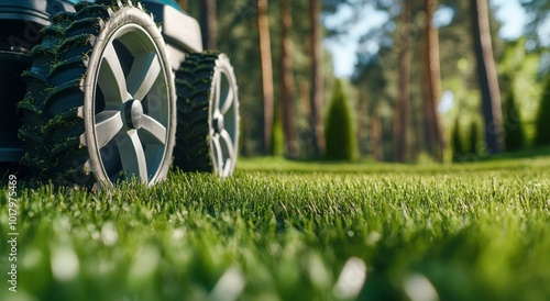 Mowing the green grass along a tree-lined path in bright daylight near a rura...