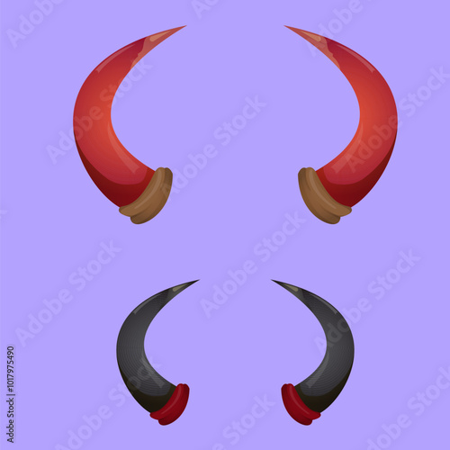 vector Red and black devil, demon, satan horns isolated on blue background. Halloween evil horns set and collection