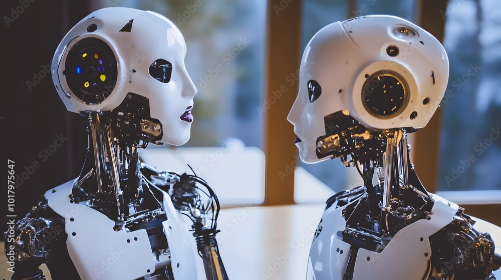 Fototapeta premium Two humanoid robots face each other, seemingly in conversation.