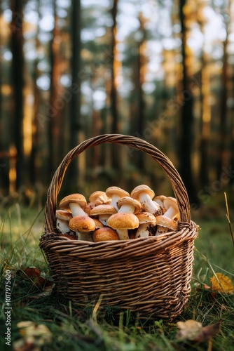 Gathering fresh mushrooms in a woven basket during a sunny autumn day in the ...