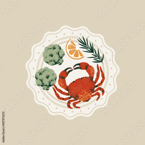 Red crab on a plate with artichokes and lemon. Vintage style illustration. Vector illustration