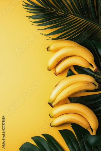 Fresh bananas arranged with tropical leaves against a vibrant yellow background