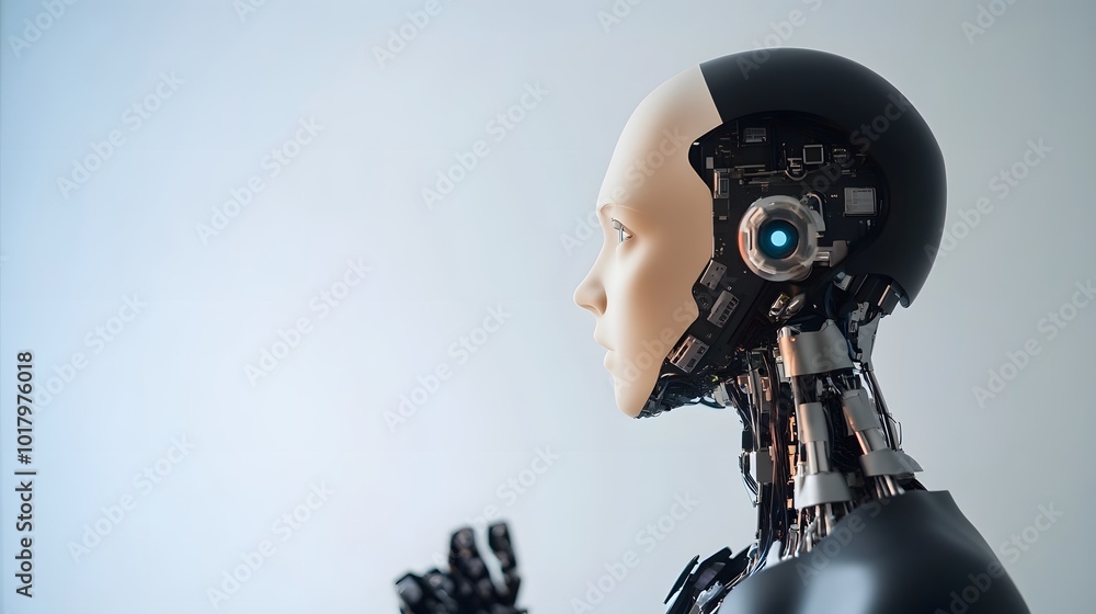 A close-up shot of a robot's head, its internal circuitry is visible, looking to the side. A close-up shot of a robot's head, its internal circuitry is visible, looking to the side.