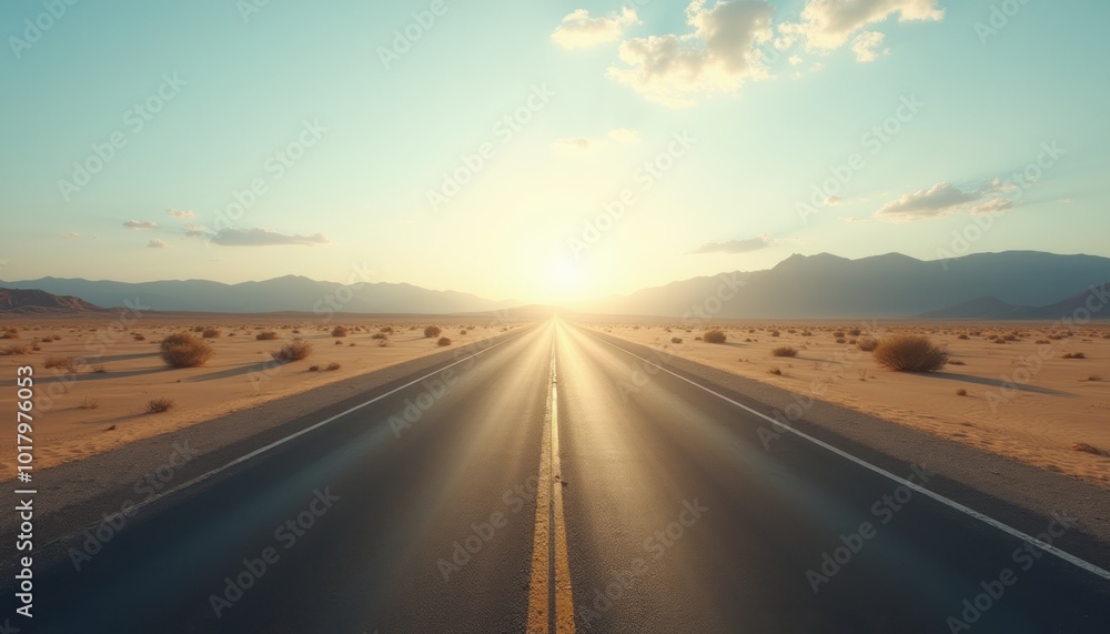 A long, empty road stretches through a vast desert landscape with a golden sunset in the distance. The image highlights a sense of solitude and adventure in a remote location. A long, empty road stretches through a vast desert landscape with a golden sunset in the distance. The image highlights a sense of solitude and adventure in a remote location.