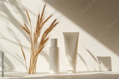 Minimalist skincare display with natural elements and soft lighting in a sere...