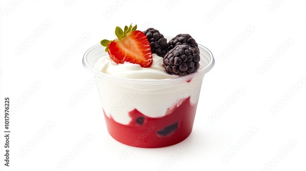 A single-serving yogurt cup, made of plastic, is shown on a white background. A single-serving yogurt cup, made of plastic, is shown on a white background.