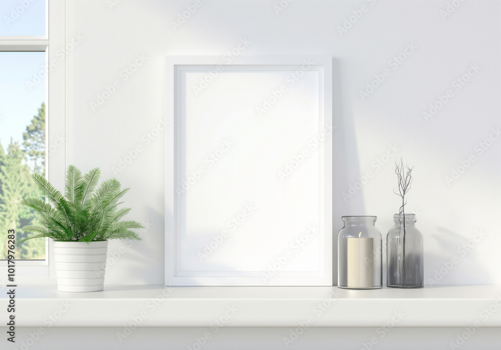 Vertical picture lighted by White frame in a bright interior Mockup. Generative ai Vertical picture lighted by White frame in a bright interior Mockup. Generative ai