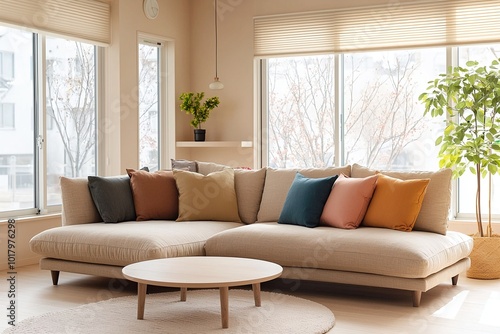 Minimalist, modern japandi interior photograph of a living room with light bass-lined walls and a sofa and wooden table. Generative AI
 photo