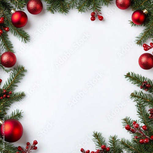 Festive holiday decoration with pine branches, ornaments, and pine cones set ...
