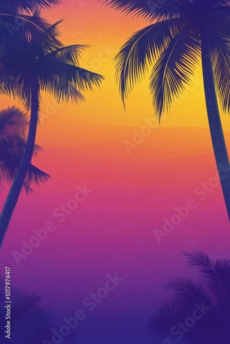 Bright sunset over palm trees with silhouette of a bird flying in a colorful sky