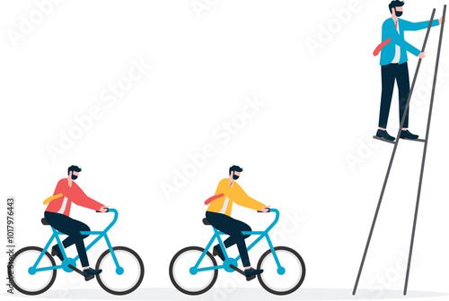 Business advantage, businessman leader walking on stilts in front of a group of colleagues

