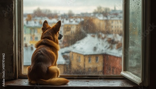 A black dog sits quietly by an open window, gazing out at a rainy day