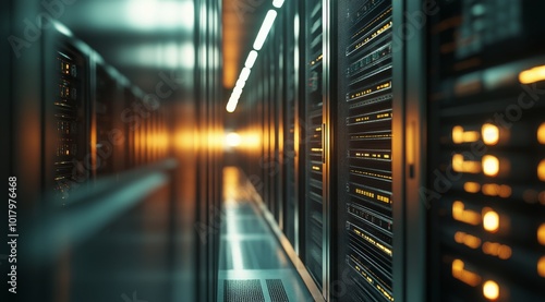 Exploring a modern server room with illuminated racks in a data center during...