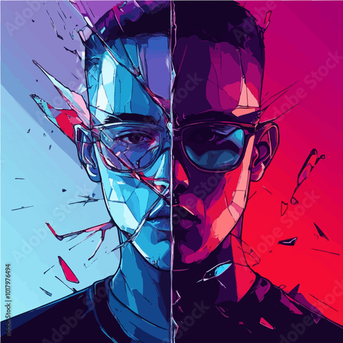 A split vector portrait of a man, one side blue and shattered, the other red and whole, symbolizing duality and conflict. Ideal for tech and artistic designs.