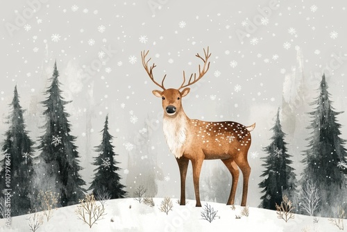 winter illustrations, set of winter clipart featuring reindeer, snow-covered trees, geometric patterns on a nordic-inspired grey backdrop