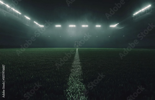 Nighttime view of an empty soccer field illuminated by floodlights in a foggy...