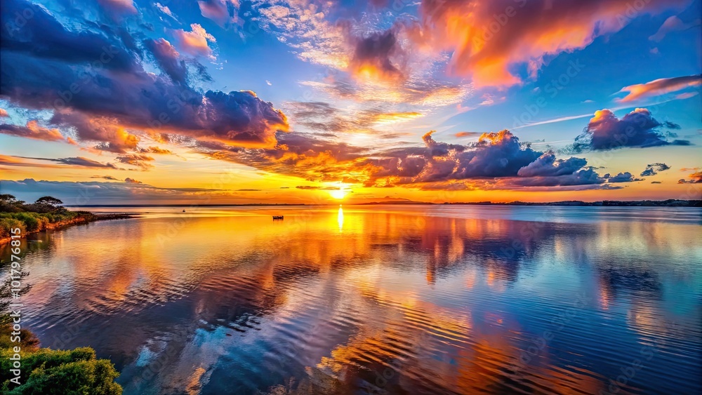 Majestic Large Sunset Over Calm Waters with Vibrant Colors and Silhouetted Landscape in Background Majestic Large Sunset Over Calm Waters with Vibrant Colors and Silhouetted Landscape in Background