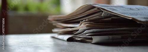 Stacked newspapers resting on a table in a cozy interior during the late morn...
