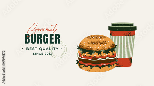 Fresh Burger with coffee cup. Fast food design template. 
