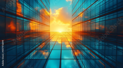 A sunset viewed between glass buildings, reflecting vibrant colors.