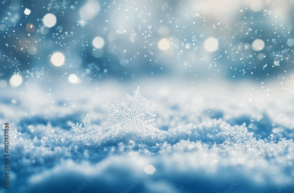 Snowflakes gently falling on a serene winter landscape in the early morning light Snowflakes gently falling on a serene winter landscape in the early morning light