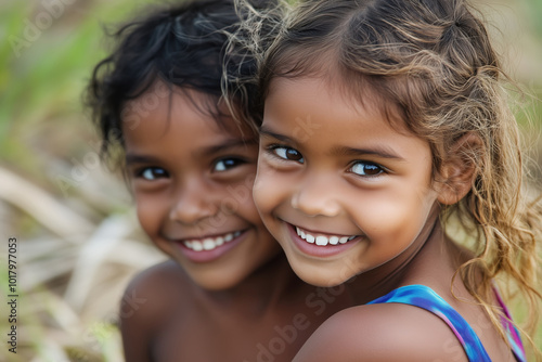Two beautiful indigenous Aboriginal Australian girls staring at the camera and smiling. First Nations people..