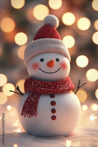 Winter snowman wearing a festive hat and scarf in a cheerful holiday setting